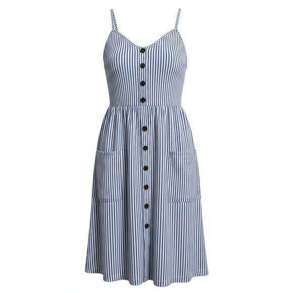 Unbranded Dresses & Skirts - Womens Blue White Striped Button Front Midi Sundress Pockets Smocked Back XL
